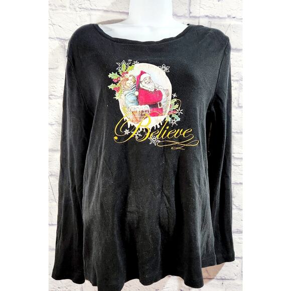 Black Red Gold Santa Print Believe Embroidered Top Large Lightweight Soft - Picture 1 of 5